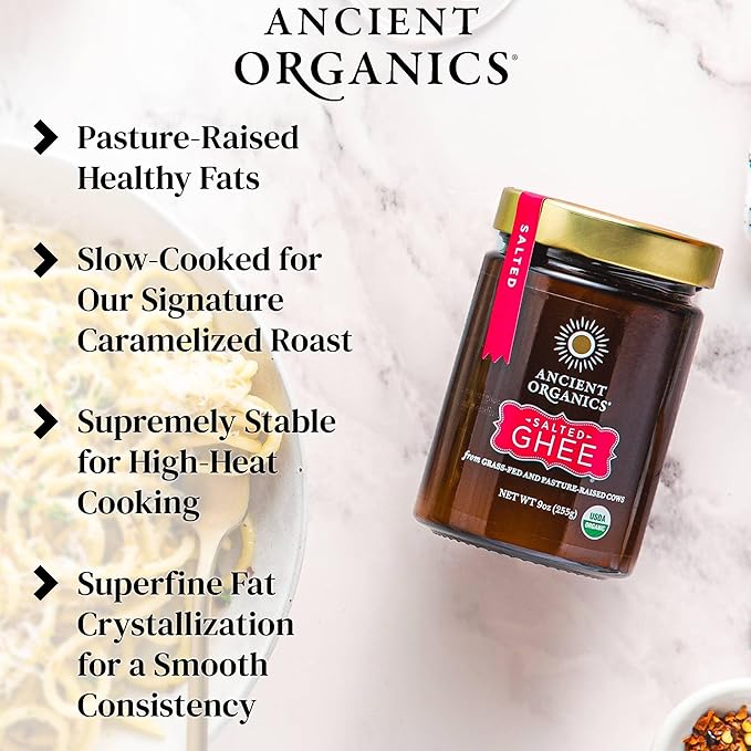 Ancient Organics Salted Ghee - Organic Grass Fed Ghee Butter, Gluten Free, Clarified Butter, Vitamins & Omegas, Lactose Reduced, Kosher, USDA Certified - 9 Oz (Pack of 1)