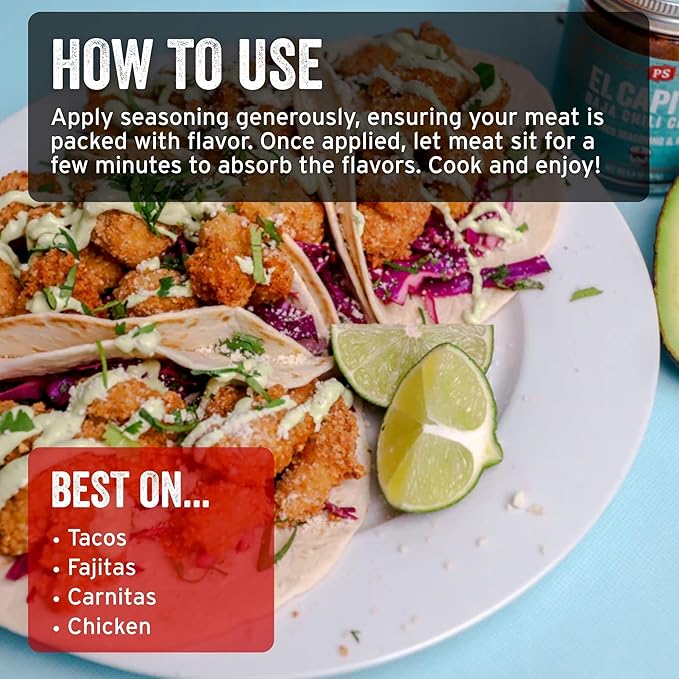 PS Seasoning El Capitan - Baja Chili Citrus Street Taco Seasoning Mix, Dry BBQ Rub for Tacos, Fajitas, Chicken, Beef, Seafood - Baja Style Mexican Seasoning BBQ Rub for Smoking and Grilling