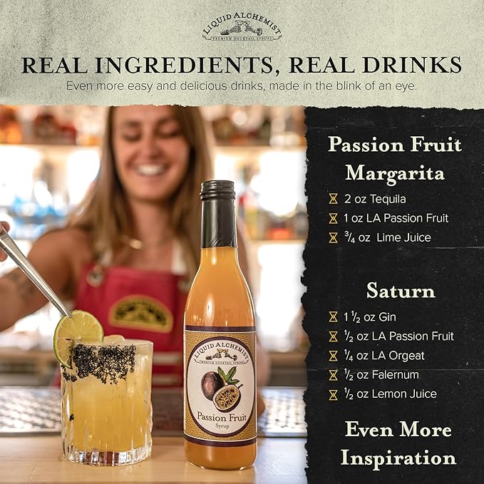Liquid Alchemist Passion Fruit Syrup for Cocktails - Real Ingredients Make our Mix for Cocktails the Perfect Margarita Mix - Our Non-GMO Passion Fruit Syrup for Drinks is Vegan (12.7 oz)