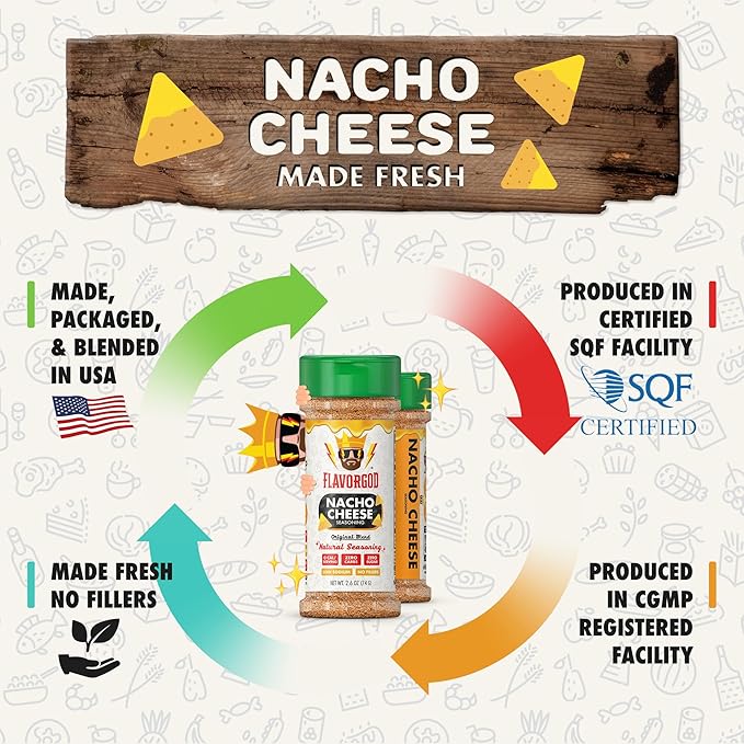Nacho Cheese Seasoning Mix, 2 Bottles by Flavor God - Premium All Natural & Healthy Spice Blend for Chicken, Nachos, Dips, Chicken Nuggets, Salad, Eggs, Ravioli, Pizza, Tacos, & Pasta - Kosher, Dairy-Free, Gluten-Free, Keto Friendly
