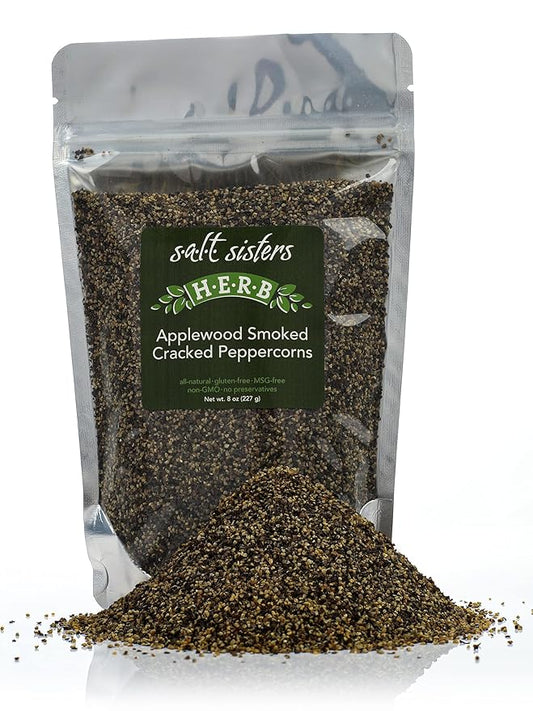 s.a.l.t. sisters Applewood Smoked Cracked Peppercorns | All-Natural, Gluten Free, MSG Free, Non-GMO | Dried Herbs & Coarse Ground Cracked Pepper | Versatile Use for Meat, Fish, Vegetables | 8oz
