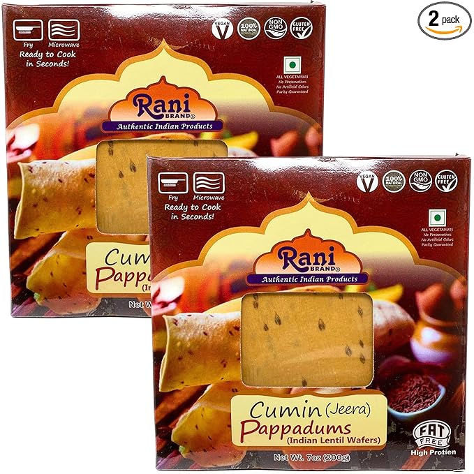 Rani Pappadums (Indian Lentil Wafer Snack) Jeera (Cumin) Papad 7oz (200g) Approximately 15pc, 7 inches, Pack of 2 ~ All Natural | Gluten Friendly | NON-GMO | Vegan | Indian Origin