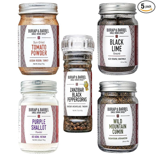 Burlap & Barrel BBQ Rub & Seasoning Gift Set ??5 Jars of Single-Origin Spices Including Zanzibar Black Peppercorns ??Meat & Grill Seasoning - As seen on Shark Tank