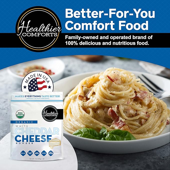 Healthier Comforts Organic White Cheddar Cheese Powder | Gluten Free, Kosher, Keto-Friendly, Non-GMO, Antibiotic & Hormone Free | Perfect for Popcorn Seasoning, Mac and Cheese, Pasta & Sauces (7 oz)