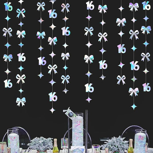 Iridescent 16th Bow Birthday Decorations Metallic Conquette Bow Garland Streamer Banner Backdrop for Girls Boys Happy 16th Birthday Sweet Sixteen Cheers to 16 Years Old Anniversary Party Supplies