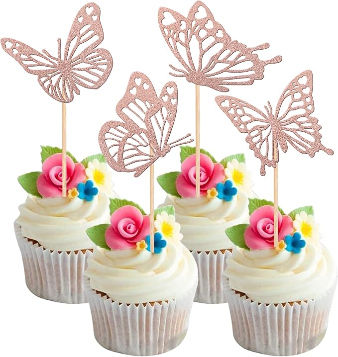 Rsstarxi 24 Pack Butterfly Cupcake Toppers Glitter Assembled Butterfly Baby Shower Cupcake Picks for Wedding Engagement Bridal Shower Kids Birthday Party Cake Decorations Supplies Rose Gold