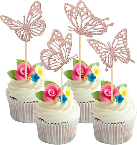 Rsstarxi 24 Pack Butterfly Cupcake Toppers Glitter Assembled Butterfly Baby Shower Cupcake Picks for Wedding Engagement Bridal Shower Kids Birthday Party Cake Decorations Supplies Rose Gold