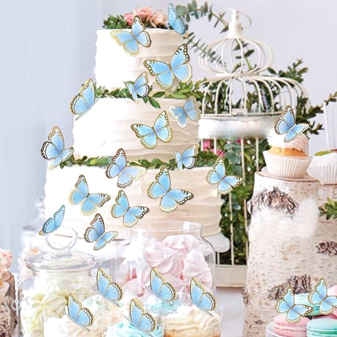 30pcs Blue Gold Edge Mixed Size Lively 3D Waterproof Butterfly Cupcake Topper for Girls Women's Happy Birthday Wedding Party Cake Wall Party Food Decorations