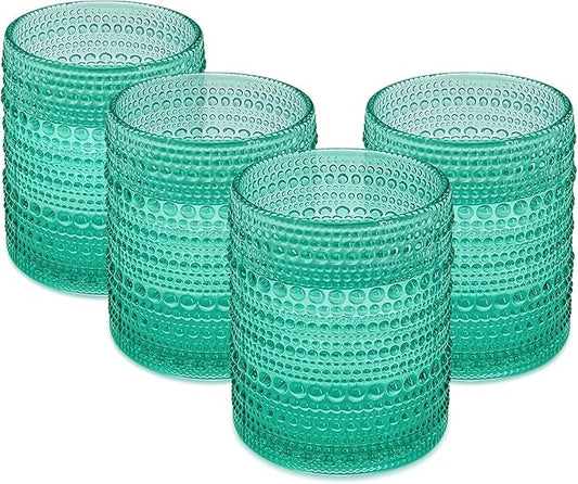 Set of 4 Vintage 12 oz Crystal Glasses, Old Fashioned Glass Cups for Water, Juice, Coffee, and Beer (Aqua Blue)