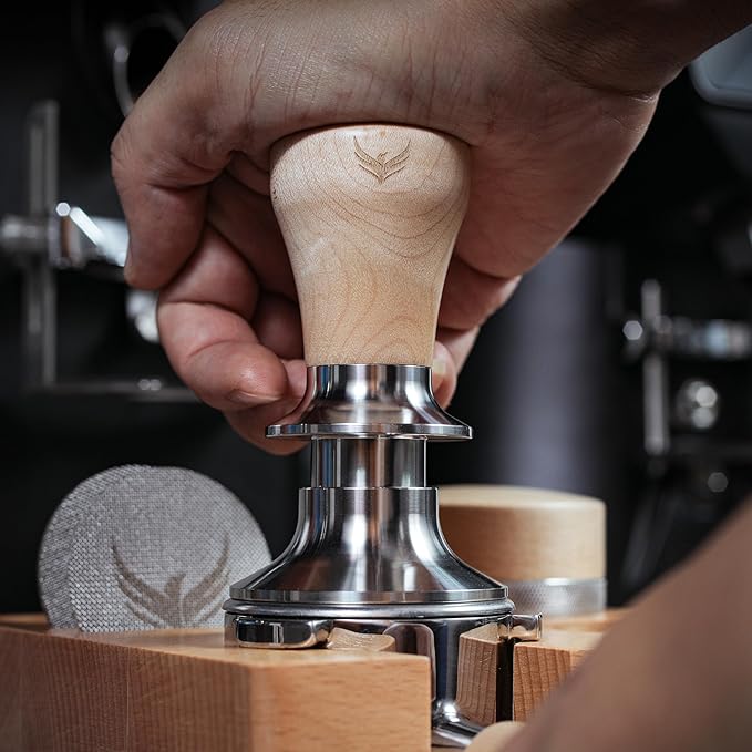 58mm Espresso Bar Accessories Kit ??Maple Handle Calibrated Tamper, Espresso Leveler, Beech Wood Tamping Station, and Dosing Funnel with Puck Screen