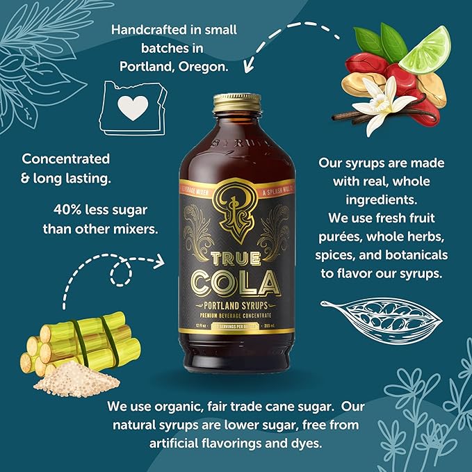 Portland Syrups True Cola – Premium Small-Batch for Cocktails, Mocktails, and Homemade Sodas – Made with Real Kola Nut and Whole Spices – 40% Less Sugar – – 12 oz bottle with 12 Servings (Pack of 1)