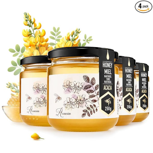 HONIGMA® Raw Acacia Honey | Exquisite Taste | 100% Pure | Unpasteurized | Unfiltered | Partially crystallized | 8.8 Fl Oz Pack of 4