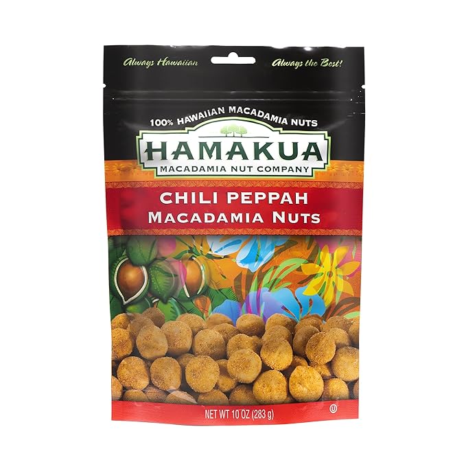 Hamakua Macadamia Nuts - Spicy Chili Pepper - Hawaiian Grown Flavored Dry Roasted Half and Whole Macadamias - Natural Eco-Friendly Large Macadamia Nuts