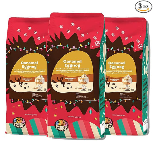 Crazy Cups Flavored Ground Eggnog Coffee, Caramel Eggnog in 10 oz Bag, 3 Pack