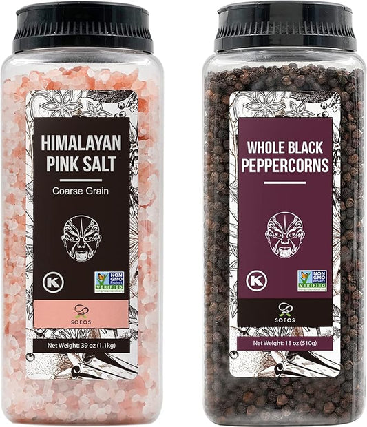 Soeos Himalayan Pink Salt 39 oz + Whole Black Peppercorns 18 oz, Coarse Grain, Kosher Salt for Grinder Refill, Salt and Pepper Grinder, Non-GMO Verified, Spice Seasoning Set for Cooking