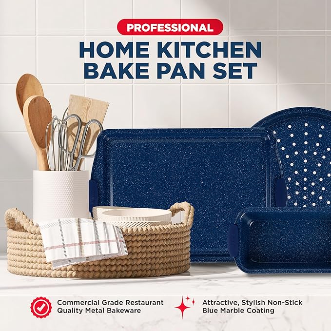 BAKKEN Kitchen Baking Pan Set - Nonstick Coating, Carbon Steel Bakeware Sets with Blue Silicone Handles, Baking Kitchen Essentials, PFOA, PFOS, PTFE Free, Oven Safe Tray (Up To 450° F), Set of 8