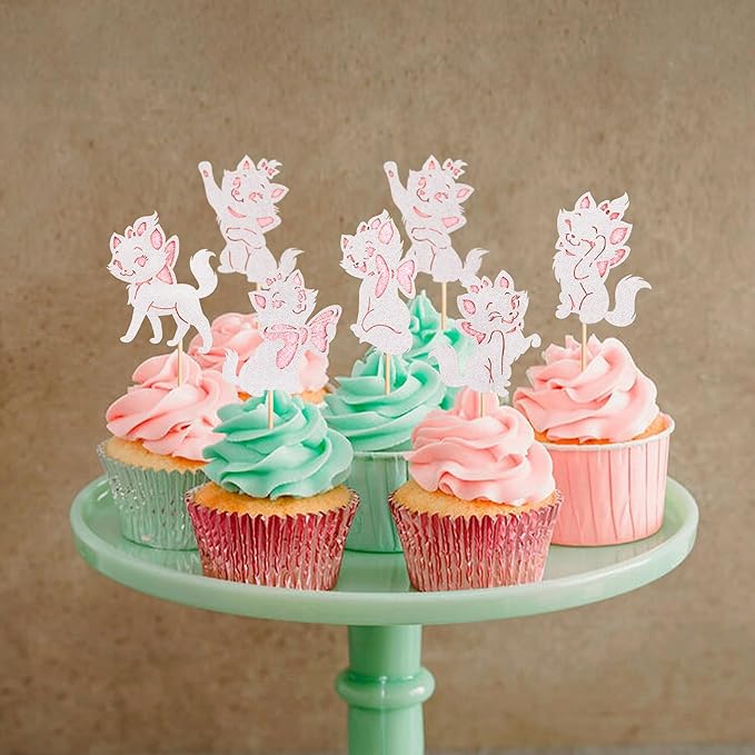 24PCS Cat Cupcake Toppers Shiny Pink Cat Baby Shower Cupcake Selection Cute Cat Theme Princess Theme Bridal Shower Wedding Anniversary Party Decoration Pink