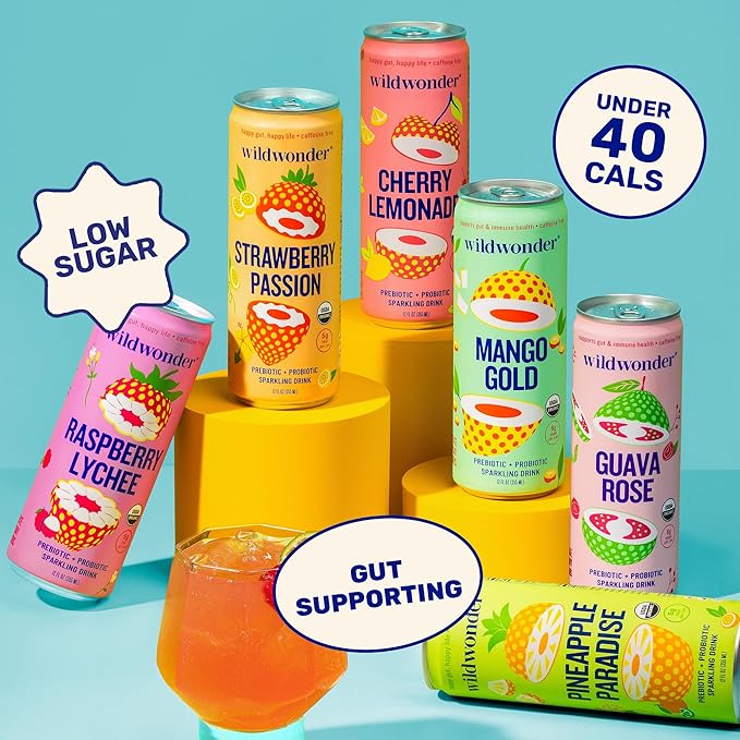 NEW! wildwonder Sparkling Probiotic Drink 12pk, For Gut Health & Immune Support, Raspberry Lychee, 5g Prebiotic Fiber, Live Probiotics, Organic, Vegan, Low Sugar, 12 Pack, 12oz Can, Seen on Shark Tank