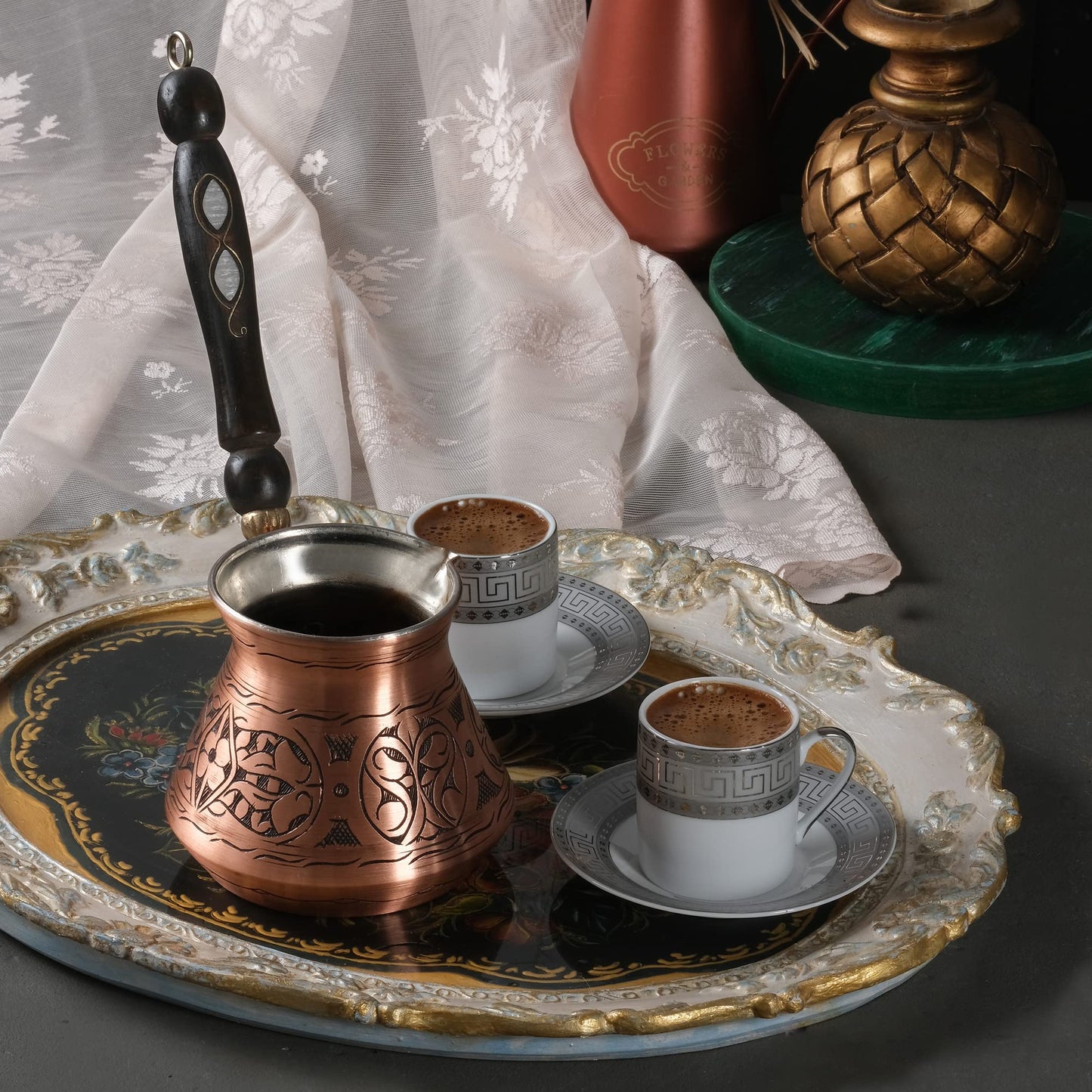 BCS 18 oz Handmade Copper Turkish Coffee Pot, Hand-Engraved Cezve & Spoon