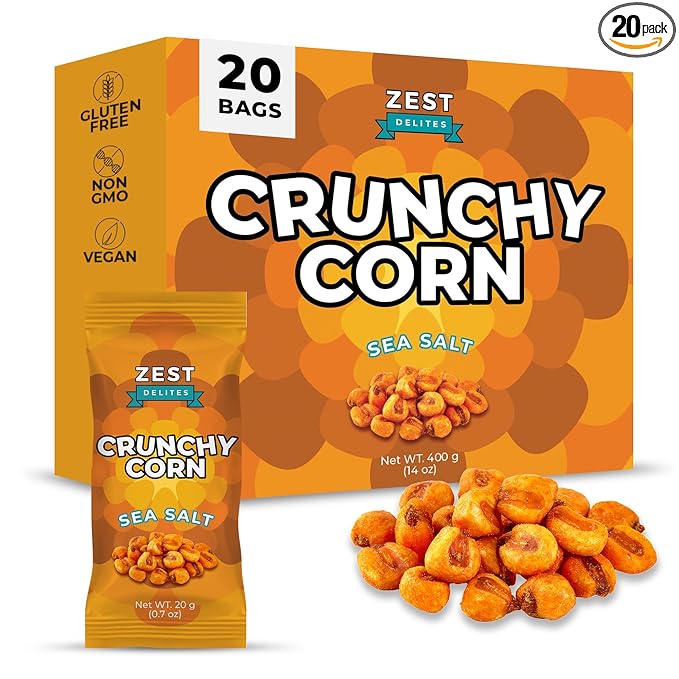 Crunchy Corn Snacks by Zest Delites, Sea Salt Roasted Corn, 0.7oz x 20 Packs, Nuts-Like Crunch, Gluten Free, Vegan, NON-GMO, Healthy Snacks for All Ages, Healthy Alternative to Chips & Crisps