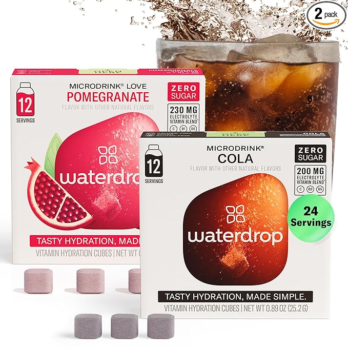 Waterdrop Microdrink Hydration Cubes Variety Pack, Cola & Pomegranate Flavors, Zero Sugar Vitamin Drink Mix with Kola Nut, Goji Berry, Green Coffee, Vitamins C, B1, B3, B5, B6, 24 Count