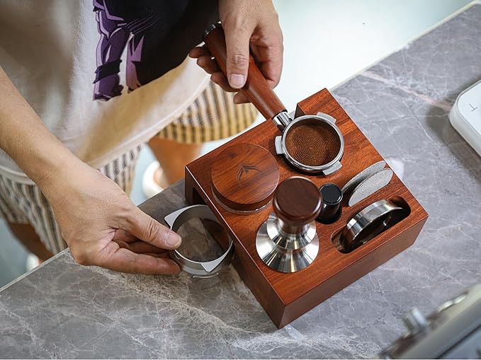 54mm Espresso Tamping Station Rosewood ??Premium Organizer for Breville Espresso Machine Accessories Holder for Tamper, Funnel, WDT, Puck Screens, RDT | Barista Station Box
