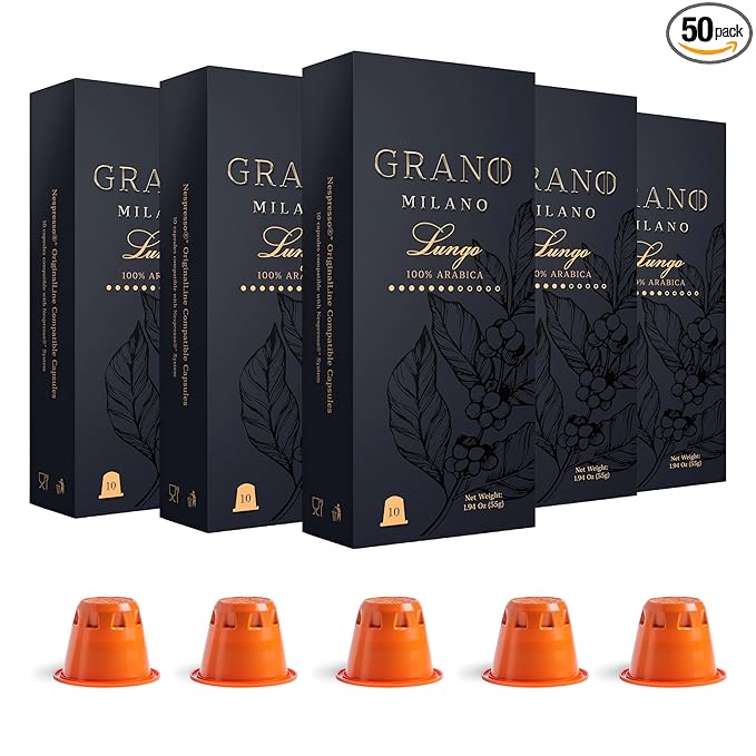 Grano Milano Lungo - 50 Espresso Pods Compatible with Nespresso Original line, 100% Arabica Medium Roast - Intensity 7/12, Coffee Capsules Made in Italy Espresso Coffee