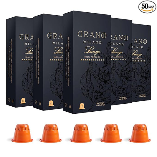 Grano Milano Lungo - 50 Espresso Pods Compatible with Nespresso Original line, 100% Arabica Medium Roast - Intensity 7/12, Coffee Capsules Made in Italy Espresso Coffee