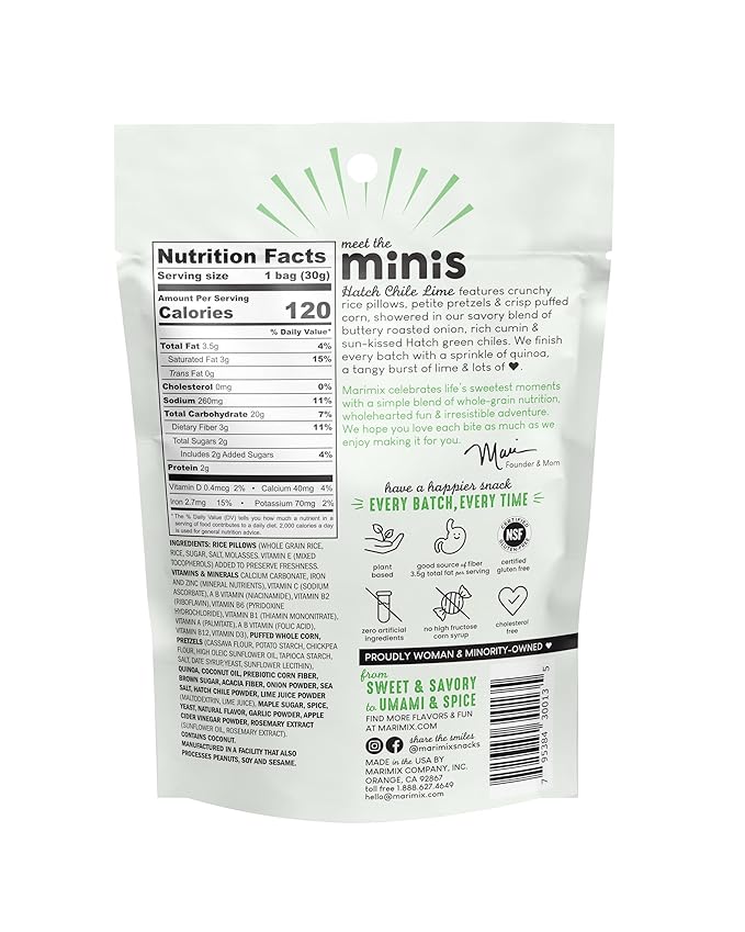 Marimix Snack Mix | Crunch Baked Sweet & Salty Savory Plant Based Naturally Gluten Free Whole Grain Fiber Charcuterie Pretzel Trail Party Mix | No Artificial Ingredients | 12 Count (Mini Hatch Chile Lime)