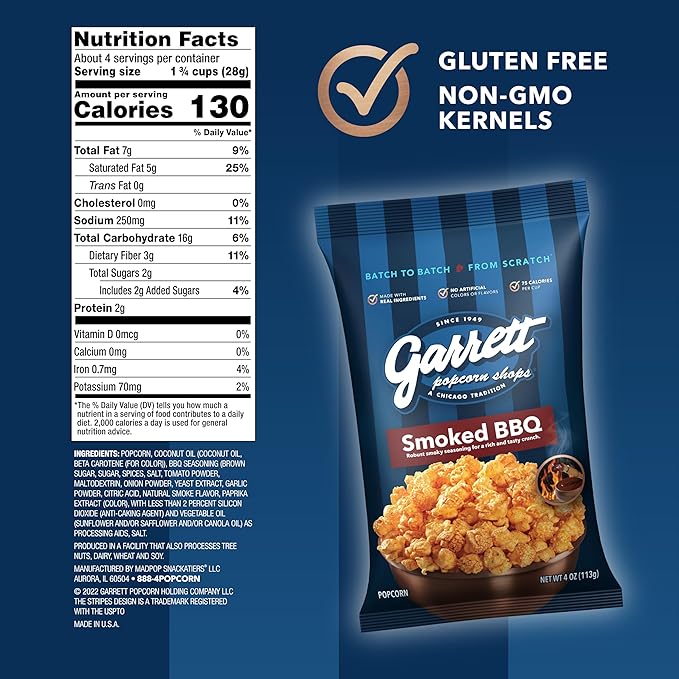 Garrett Popcorn Smoked BBQ, 4.0oz, 4 Bags, BBQ Popcorn, Gluten Free, Savory Snack, Popped Pop Corn Bags