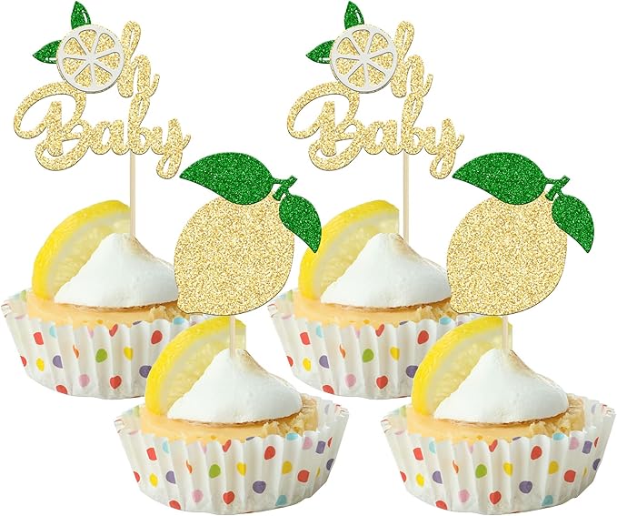 24Pcs Lemon Oh Baby Cupcake Toppers Glitter Fruit Theme Oh Baby Lemonade Party Cupcake Picks for Lemon Theme Baby Shower Kids Boys Girls Birthday Party Cake Decorations Supplies