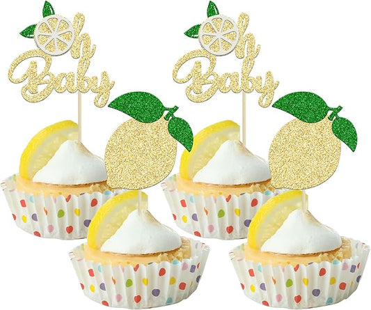 24Pcs Lemon Oh Baby Cupcake Toppers Glitter Fruit Theme Oh Baby Lemonade Party Cupcake Picks for Lemon Theme Baby Shower Kids Boys Girls Birthday Party Cake Decorations Supplies