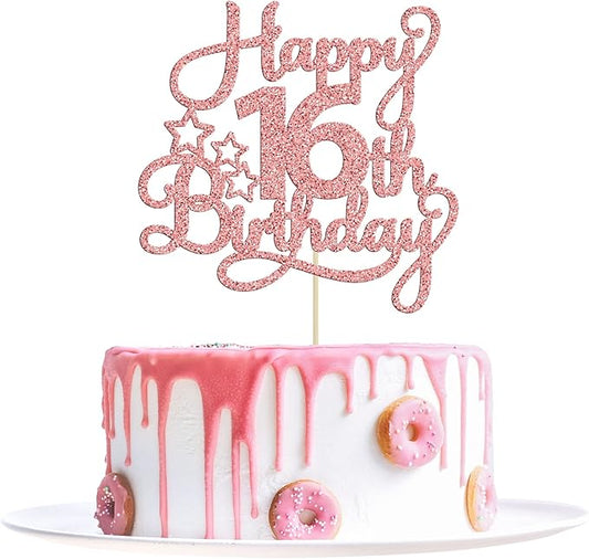 1 Pack Happy 16th Birthday Cake Topper Glitter Sweet 16 Cake Pick Birthday 16th Birthday Cake Decorations for Children 16th Theme Party Supplies Rose Gold