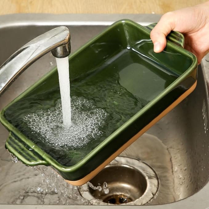 Ceramic Baking Casserole Dish with Handles, Large 9x13 inch Pan and Middle Baking Pan - Porcelain Serving Bakeware Set (Forest Green)