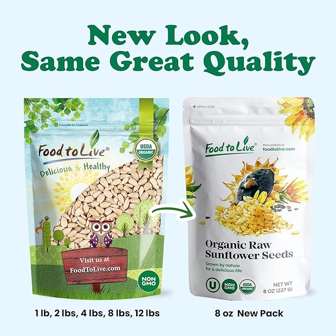 Food to Live Organic Sunflower Seeds, 5 Pounds Hulled, Raw, Non-GMO, Dried Kernels, Unsalted, Kosher, Vegan, Keto, Paleo, Sirtfood, Bulk, Good Source of Protein