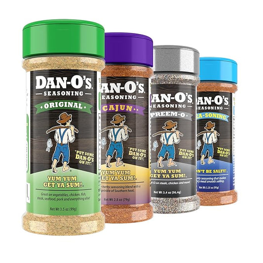 Dan-O's 4 Bottle Seasoning Set, Small Bottles, 4 Pack, Includes Original, Preem-O, SEA-soning and Cajun Seasonings, Sugar Free, Zero Calorie, Use this Seasoning Kit to Craft a Marinade, Rub or Sauce