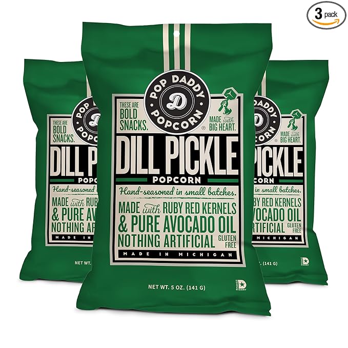 Pop Daddy Flavored Popcorn Gourmet, Dill Pickle Flavor Popped Popcorn, Hand Seasoned Ruby Red Kernels, Gluten Free Healthy Popcorn Snacks, 5oz Individual Bags, 3 Pack