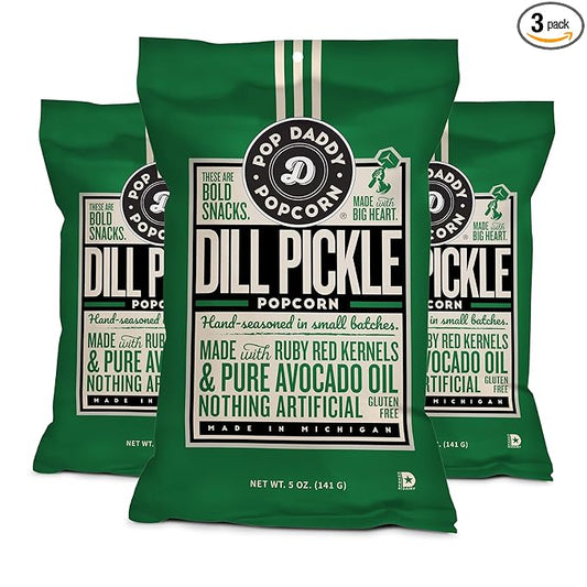 Pop Daddy Flavored Popcorn Gourmet, Dill Pickle Flavor Popped Popcorn, Hand Seasoned Ruby Red Kernels, Gluten Free Healthy Popcorn Snacks, 5oz Individual Bags, 3 Pack