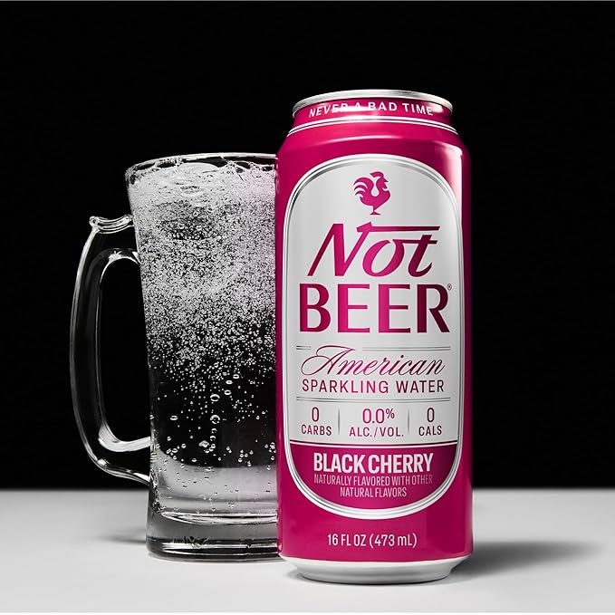Not Beer American Sparkling Water, Black Cherry, 99.9% Pure, Mineral & Electrolyte Blend, Carbonated Water, Soda Water, Sparkling Water Cans, Made in America, 16 Oz Tallboy Cans, 12 Pack