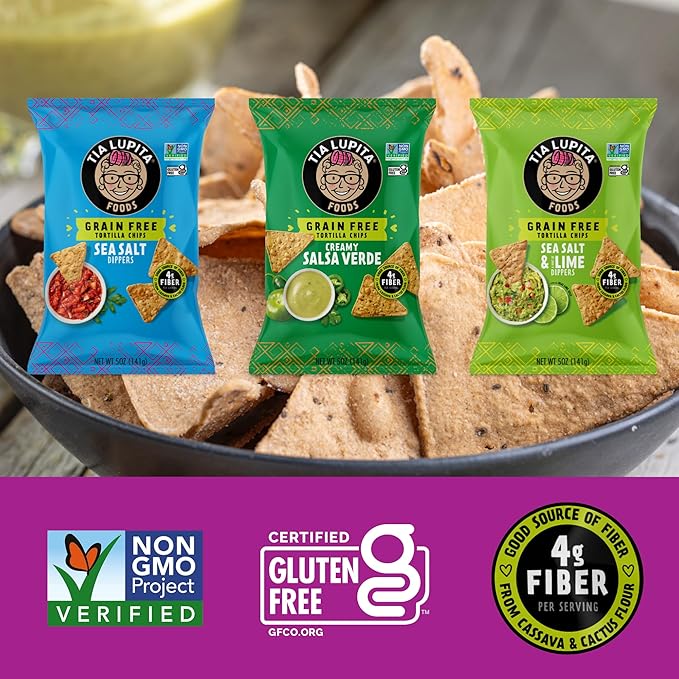 Tia Lupita Cactus Tortilla Chips Variety (Pack of 3) - Vegan, Gluten-Free, Grain-Free, Dairy-Free, Non-GMO, High Fiber, Authentic Mexican Snack Food