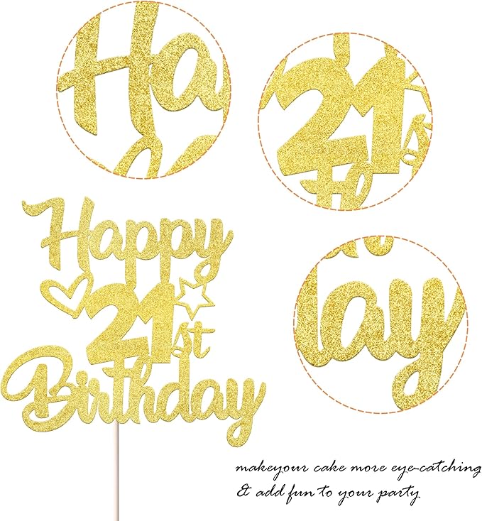 1 Pack Happy 21st Birthday Cake Topper - Glitter Heart Star 21 Fabulous Cake Pick - Black