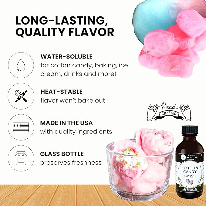 Cotton Candy Flavoring Extract - 2 oz - Water-Soluble - By Harvest Moon Delights - Cotton Candy Extract for Baking, Ice Cream, Drinks, and Candy - Flavor - Sugar Free