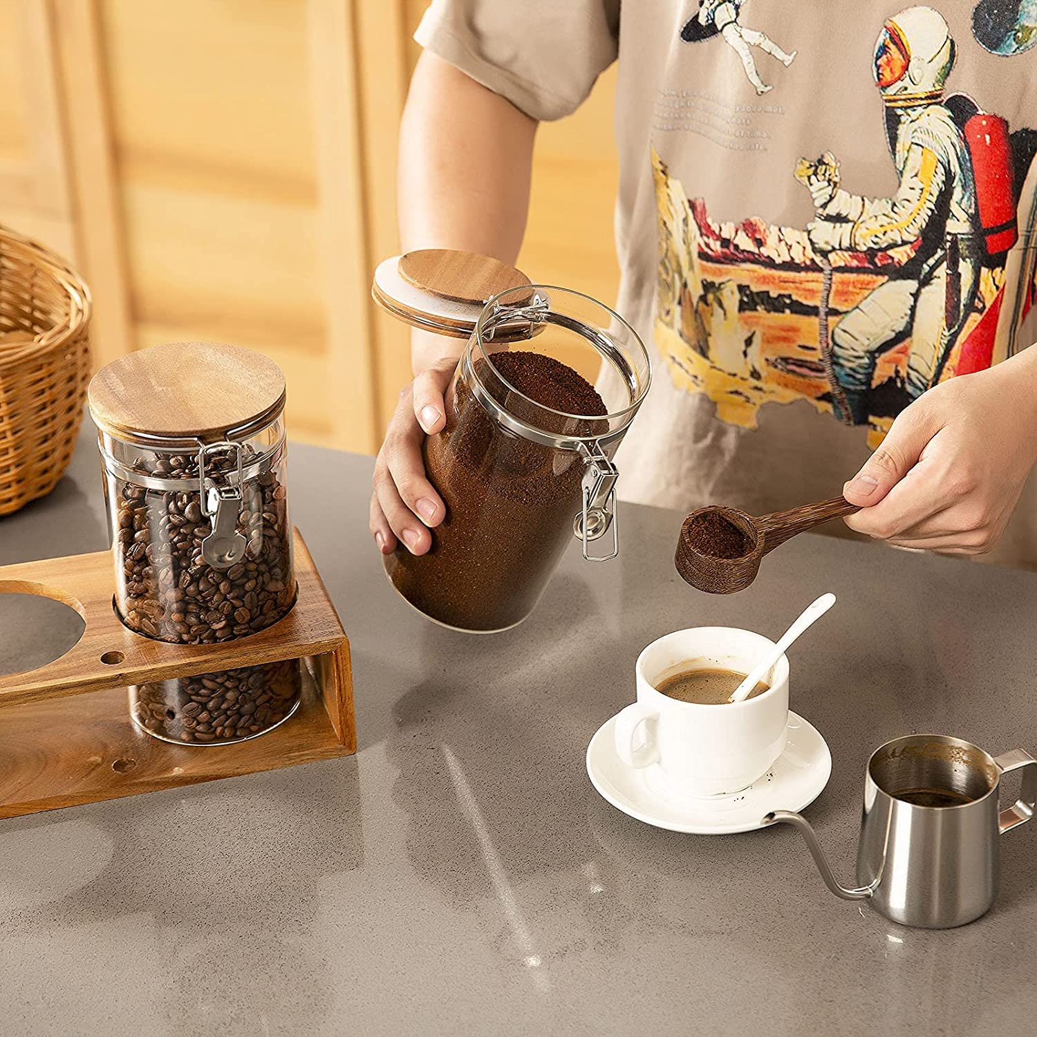 Yangbaga Coffee Canister with Shelf: 2P 45OZ Glass Airtight Coffee Holder
