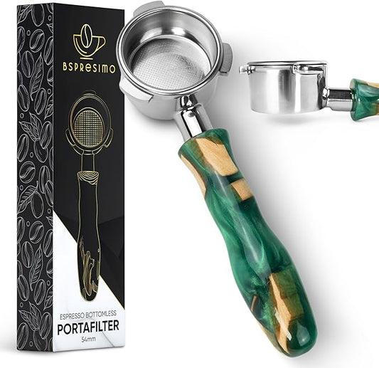 54mm Bottomless Portafilter Modern Handle ??Includes Stainless Steel Naked Basket ??Fits Breville Barista Express & 54mm Breville Espresso Machines - Espresso Machine Accessories ??Green