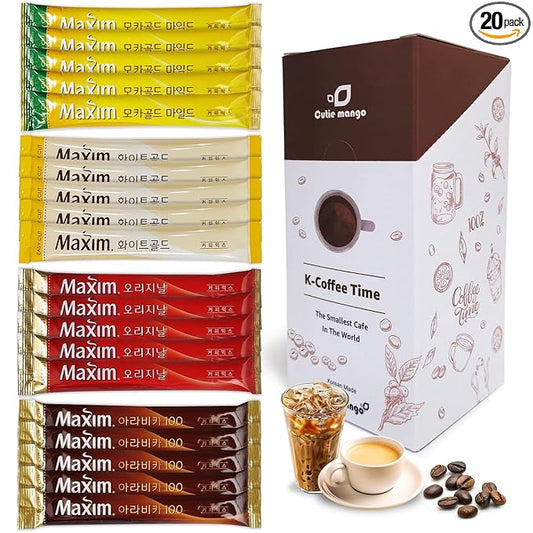 Korean Instant Coffee Mix Variety 20 Sticks (4 Types) Maxim Instant Single Serve Mocha White Arabica Original Flavors (5 Sticks Each)