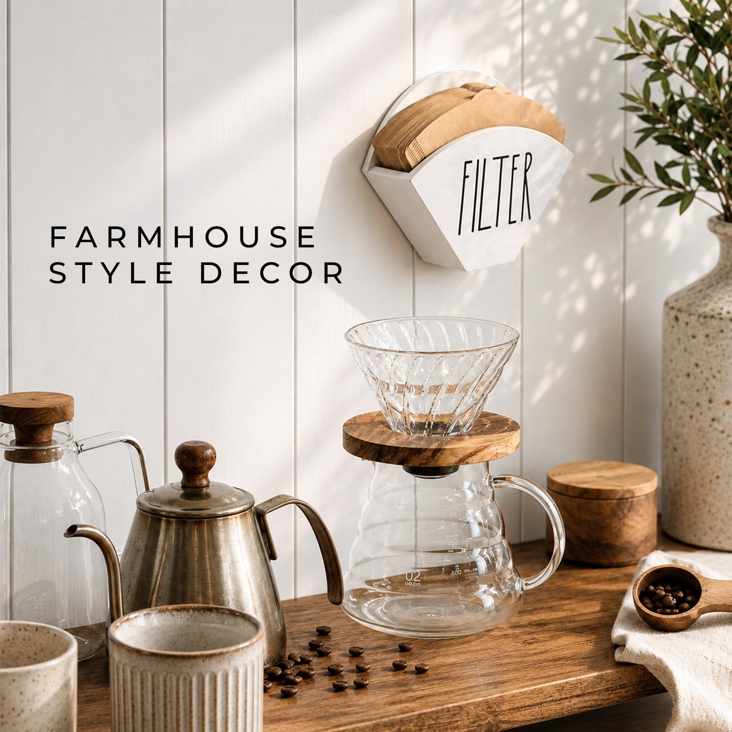 CHONIC Wood Coffee Filter Holder, Farmhouse Cone Filter Storage Organizer, Wall Mount Coffee Bar &