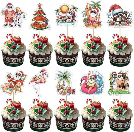 40 PCS Summer Christmas Cupcake Toppers Christmas Party in July Party Decorations Santa Claus Flamingo Cupcake Picks for Summer Beach Pool Hawaiian Theme Party Cake Decorations Supplies