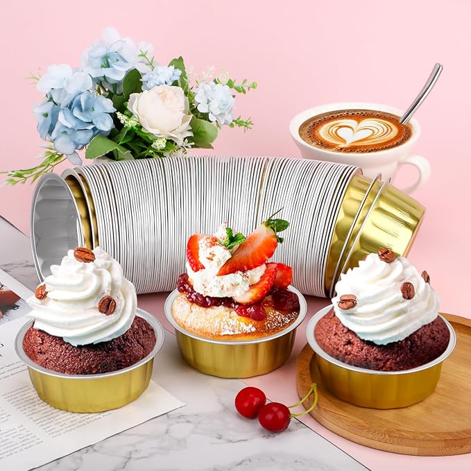 Beasea 8 oz 100 Pack Aluminum Ramekins, Disposable Ramekins Foil Cups Baking 3.9" Ramekin Cup Muffin Cupcake Aluminum Baking Cup Mini Pudding Souffle Cups for Party Wedding Birthday - Gold