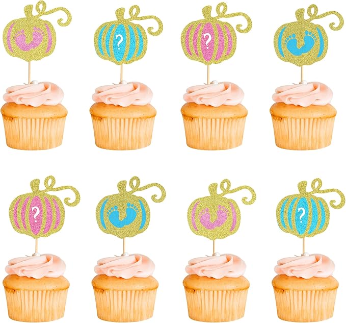 24Pcs Pumpkin Boy or Girl Cupcake Toppers Gender Reveal Cake Topper Pumpkin Cupcake Picks Baby Little Feet Cake Decorations for Fall Theme Baby Shower Kids Birthday Party Supplies