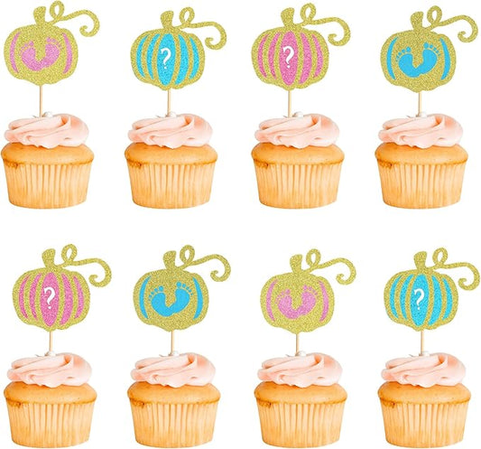 24Pcs Pumpkin Boy or Girl Cupcake Toppers Gender Reveal Cake Topper Pumpkin Cupcake Picks Baby Little Feet Cake Decorations for Fall Theme Baby Shower Kids Birthday Party Supplies